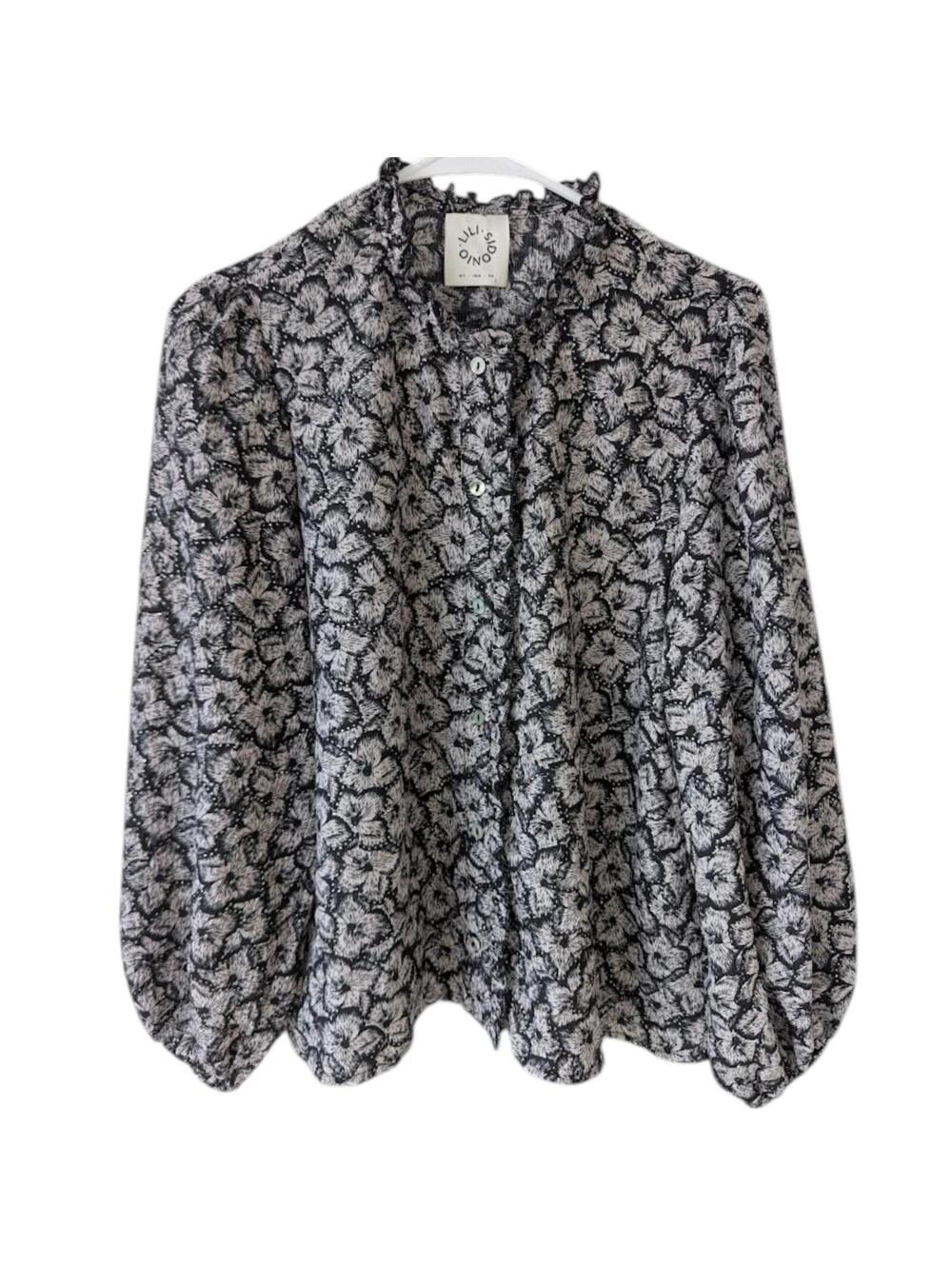 Lili Sidonio Black White Floral Print Long Sleeve Medium Button-Up Shirt Top